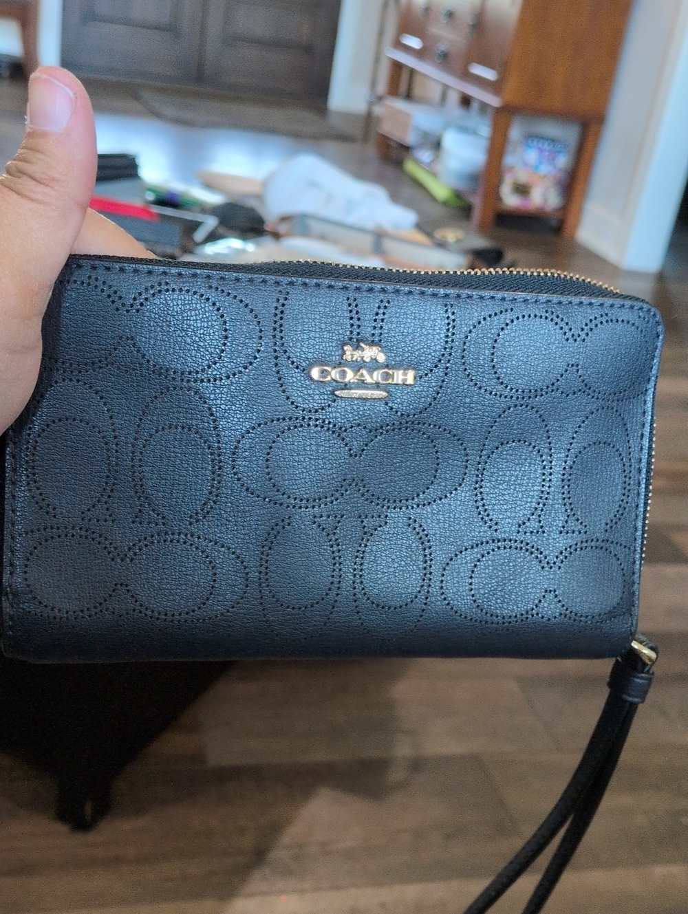 COACH Embossed Signature Zip Wristlet with Blue And Gold Logo